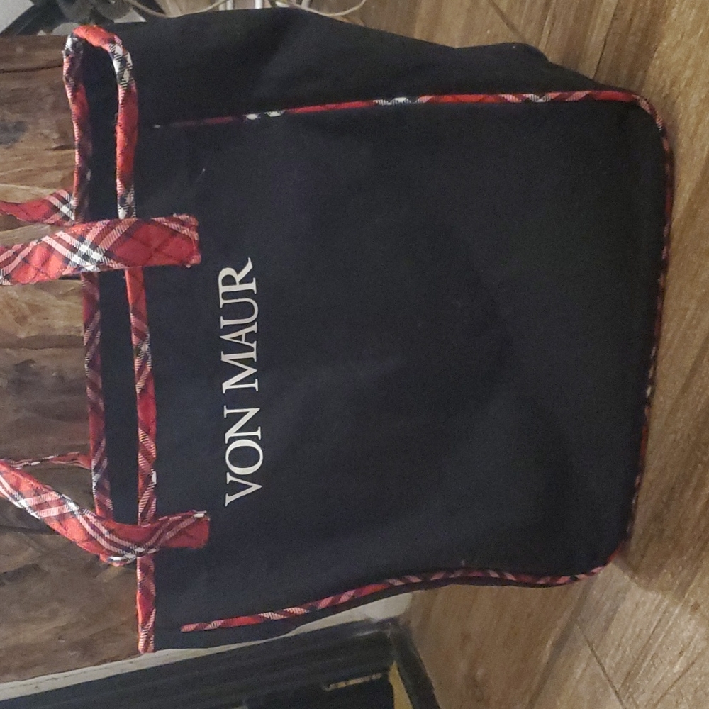 Von Maur Black with Red Plaid Accents Canvas Tote Bag.